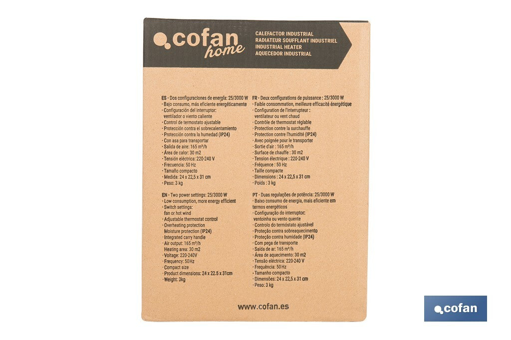 Cofan – Calefactor Industrial 3000W con Termostato Ajustable | Protección IP24 y Función Ventilador