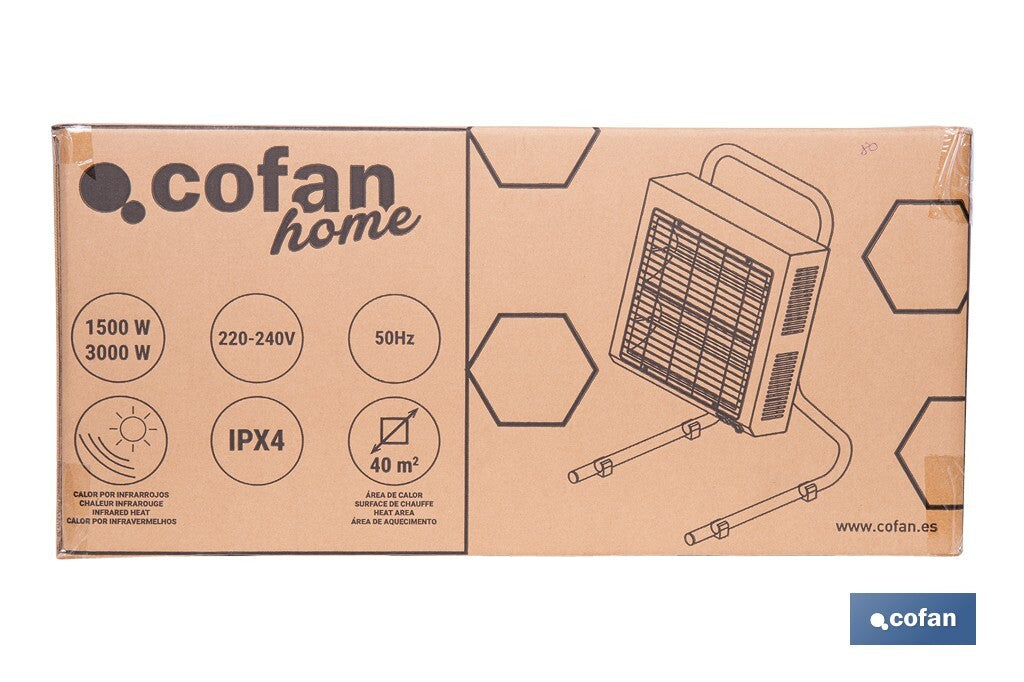 Cofan – Calefactor Infrarrojo de Onda Corta 3000W | Protección IPX4 | Alta Eficiencia para 40 m²