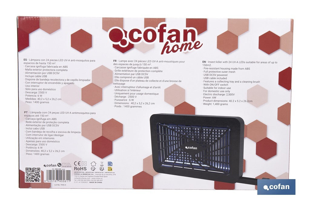 Cofan – Lámpara LED Anti Insectos Interior con Luz UV-A Dual y Cobertura 150 m²