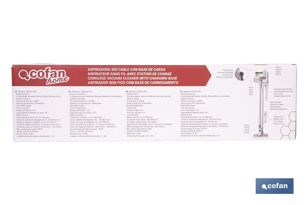 Cofan – Aspiradora sin Cable con Base de Carga y Potencia de 180 AW