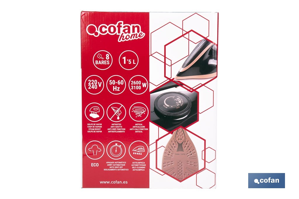 Cofan – Centro de Planchado 3100 W | 8 Bares | Depósito 1,5 L Extraíble | Suela Cerámica