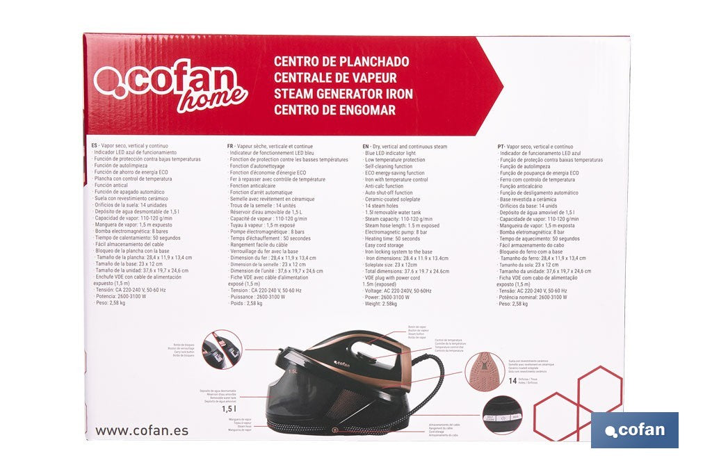 Cofan – Centro de Planchado 3100 W | 8 Bares | Depósito 1,5 L Extraíble | Suela Cerámica