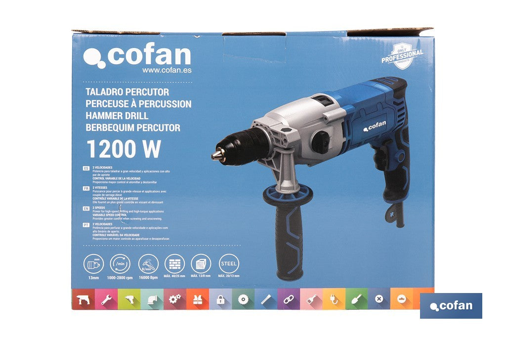 Cofan – Taladro Percutor Eléctrico 1200 W | 2 Velocidades | Portabrocas Automático 13 mm | Velocidad Variable