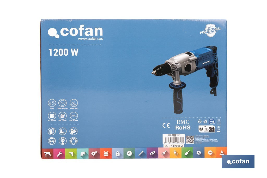 Cofan – Taladro Percutor Eléctrico 1200 W | 2 Velocidades | Portabrocas Automático 13 mm | Velocidad Variable