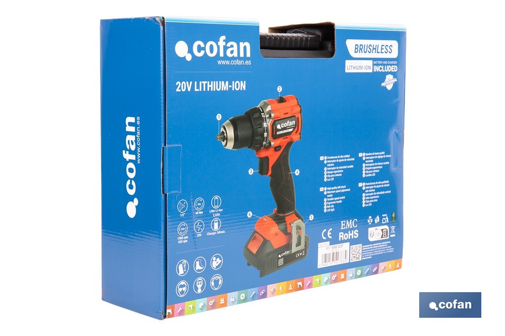 Cofan – Taladro Atornillador a Batería 20V Brushless | 60 Nm | 2 Velocidades | Sistema 1 For All