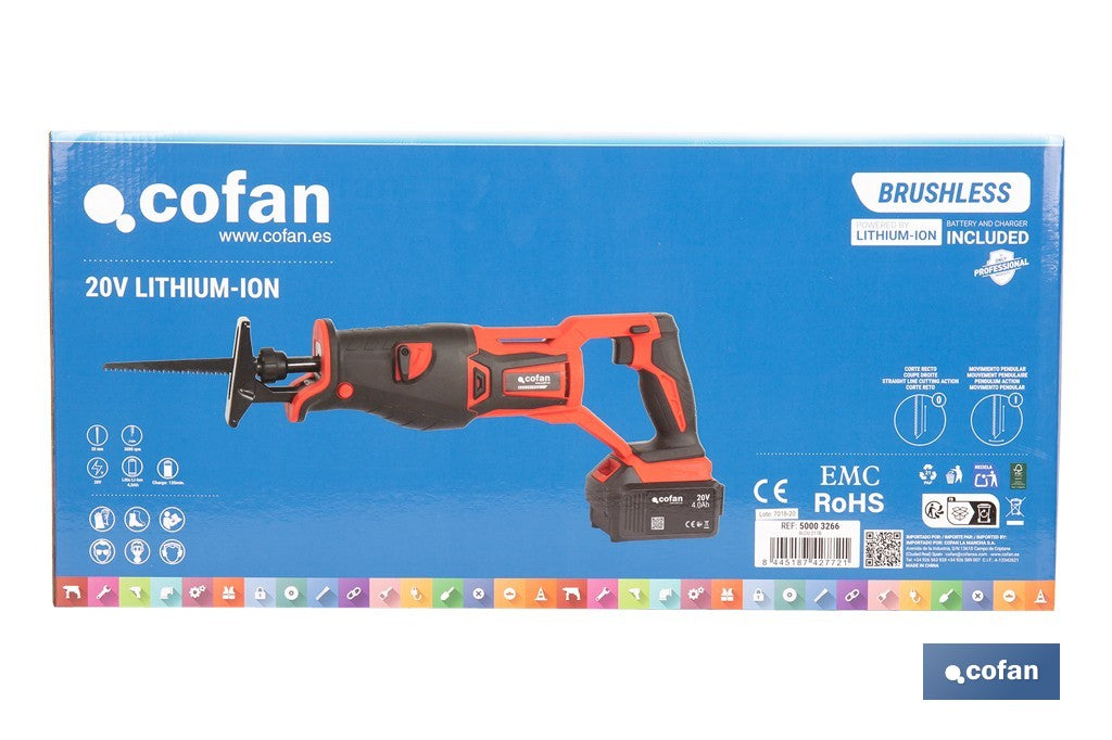 Cofan - Sierra de sable a batería 20V brushless | 3000 rpm | 28 mm | Corte 200 mm madera / 50 mm metal | Kit 4,0 Ah + cargador o solo herramienta
