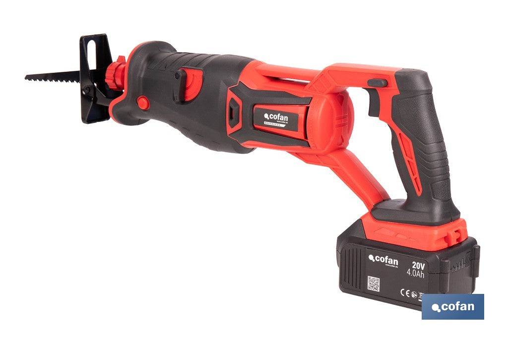 Cofan - Sierra de sable a batería 20V brushless | 3000 rpm | 28 mm | Corte 200 mm madera / 50 mm metal | Kit 4,0 Ah + cargador o solo herramienta
