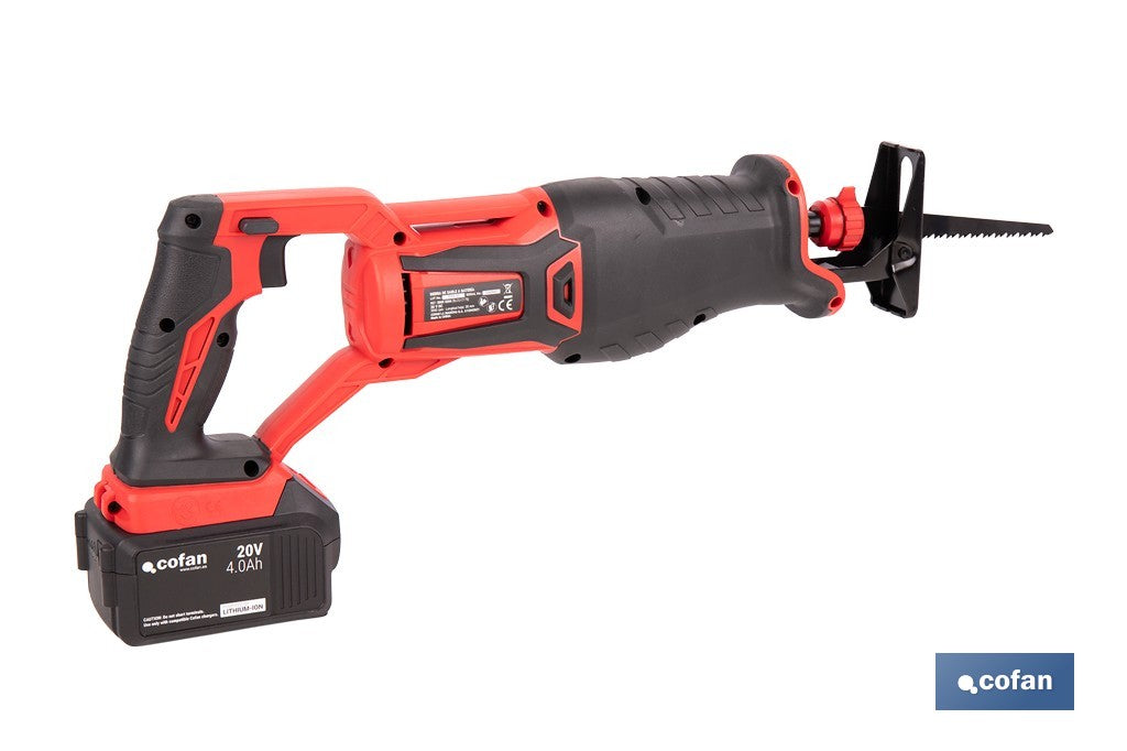 Cofan - Sierra de sable a batería 20V brushless | 3000 rpm | 28 mm | Corte 200 mm madera / 50 mm metal | Kit 4,0 Ah + cargador o solo herramienta
