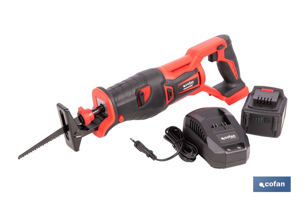 Cofan - Sierra de sable a batería 20V brushless | 3000 rpm | 28 mm | Corte 200 mm madera / 50 mm metal | Kit 4,0 Ah + cargador o solo herramienta