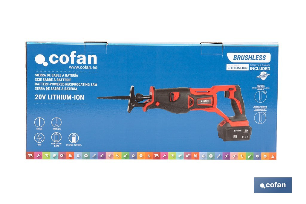 Cofan - Sierra de sable a batería 20V brushless | 3000 rpm | 28 mm | Corte 200 mm madera / 50 mm metal | Kit 4,0 Ah + cargador o solo herramienta