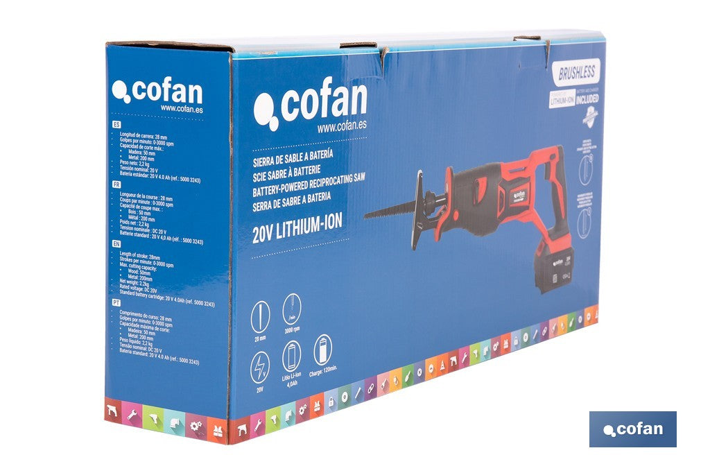Cofan - Sierra de sable a batería 20V brushless | 3000 rpm | 28 mm | Corte 200 mm madera / 50 mm metal | Kit 4,0 Ah + cargador o solo herramienta