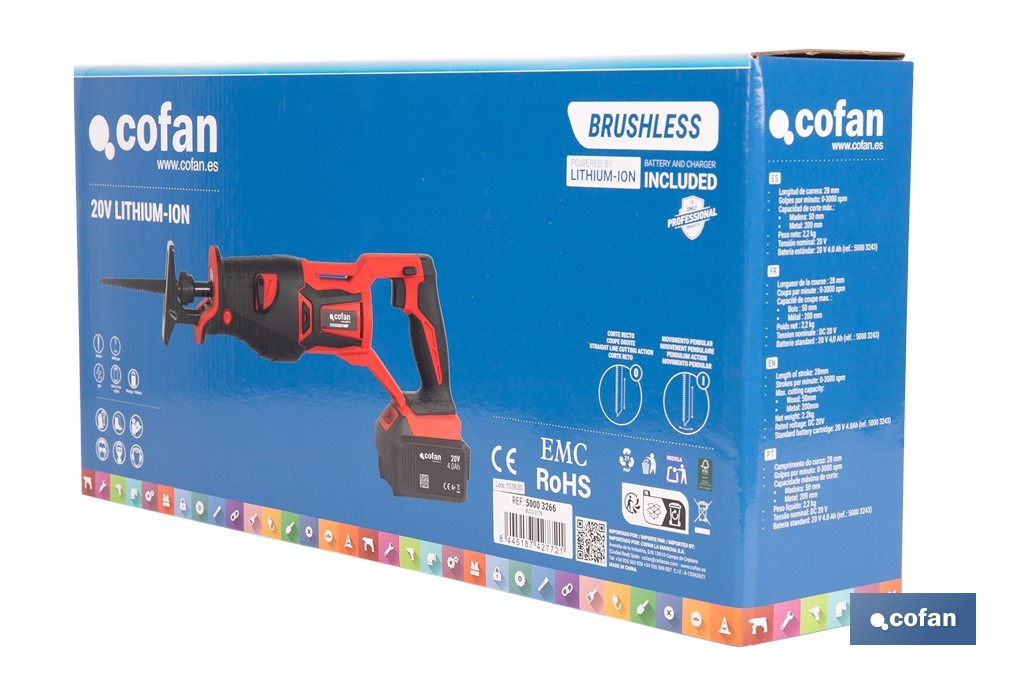 Cofan - Sierra de sable a batería 20V brushless | 3000 rpm | 28 mm | Corte 200 mm madera / 50 mm metal | Kit 4,0 Ah + cargador o solo herramienta