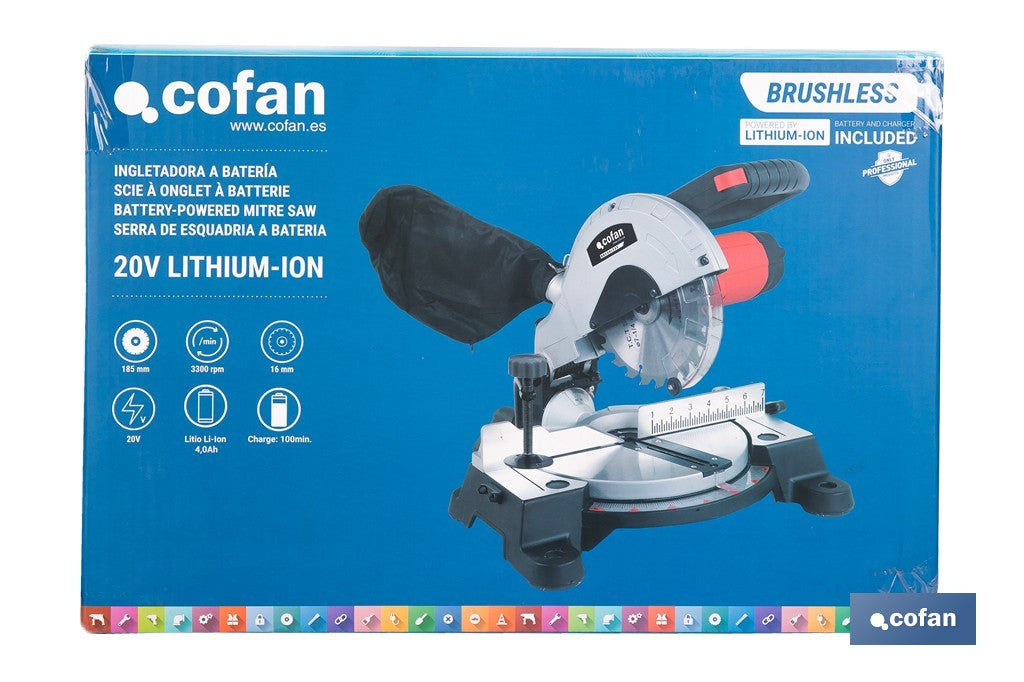 Cofan – Ingletadora a Batería 20V Brushless | Ø185 mm | Corte 105 mm | -45°/+45° | 3200 rpm