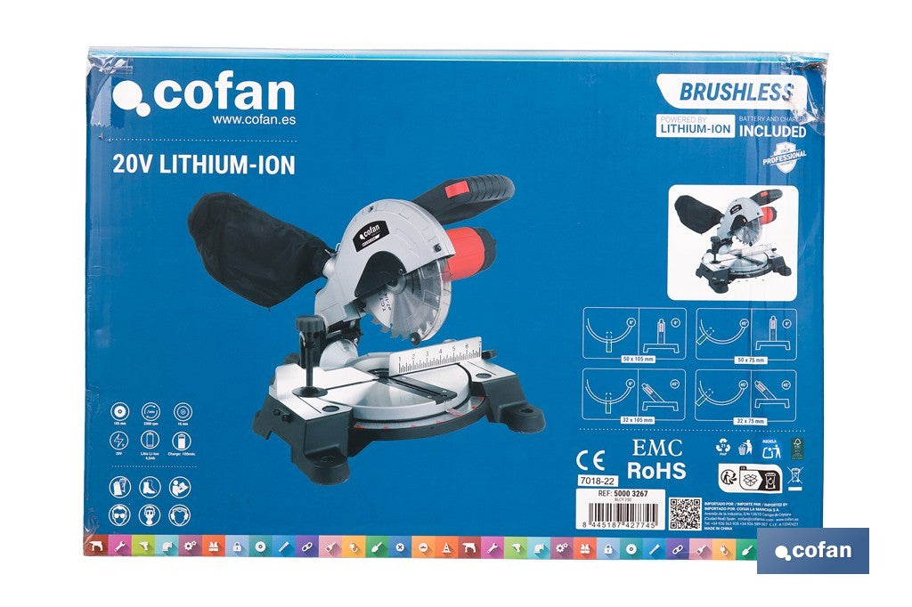 Cofan – Ingletadora a Batería 20V Brushless | Ø185 mm | Corte 105 mm | -45°/+45° | 3200 rpm
