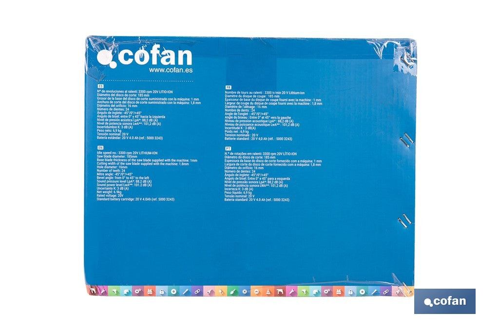 Cofan – Ingletadora a Batería 20V Brushless | Ø185 mm | Corte 105 mm | -45°/+45° | 3200 rpm