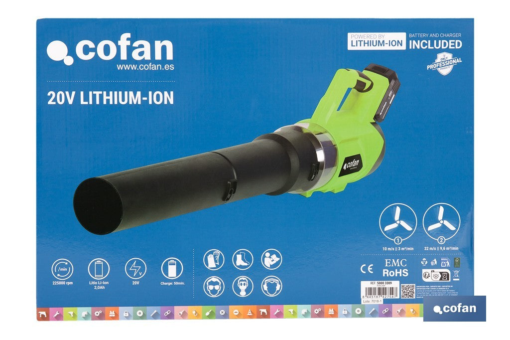 Cofan – Sopladora a Batería 20 V | 2 Velocidades | 22.500 rpm | 32 m/s | Con o sin Batería y Cargador