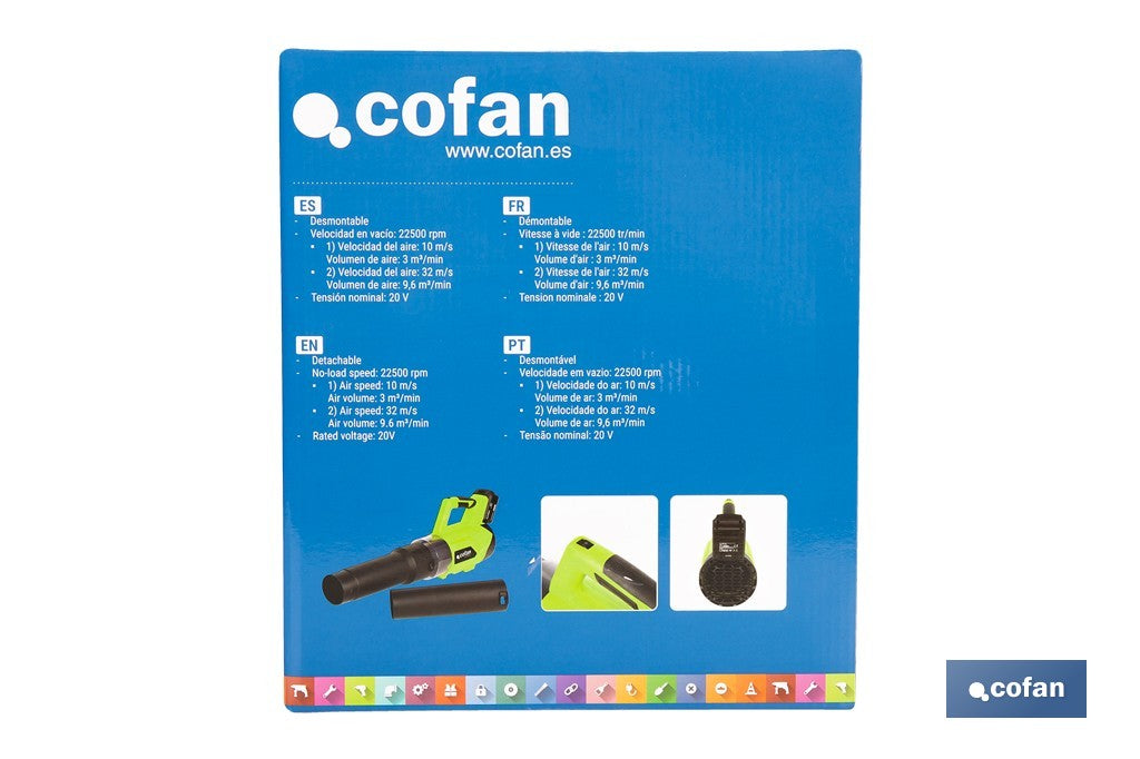 Cofan – Sopladora a Batería 20 V | 2 Velocidades | 22.500 rpm | 32 m/s | Con o sin Batería y Cargador