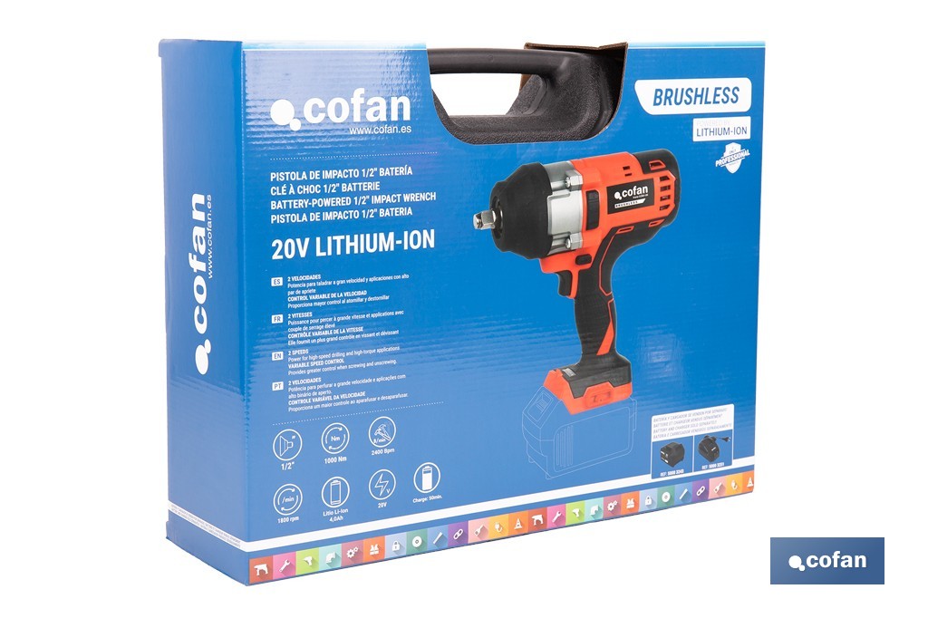 Cofan – Pistola de Impacto 1/2" a Batería 20V Brushless | 1000 Nm | 5 Niveles de Par | Con o sin Batería