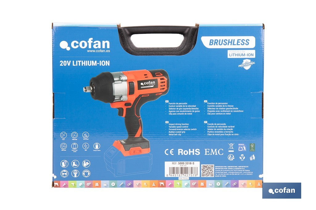 Cofan – Pistola de Impacto 1/2" a Batería 20V Brushless | 1000 Nm | 5 Niveles de Par | Con o sin Batería