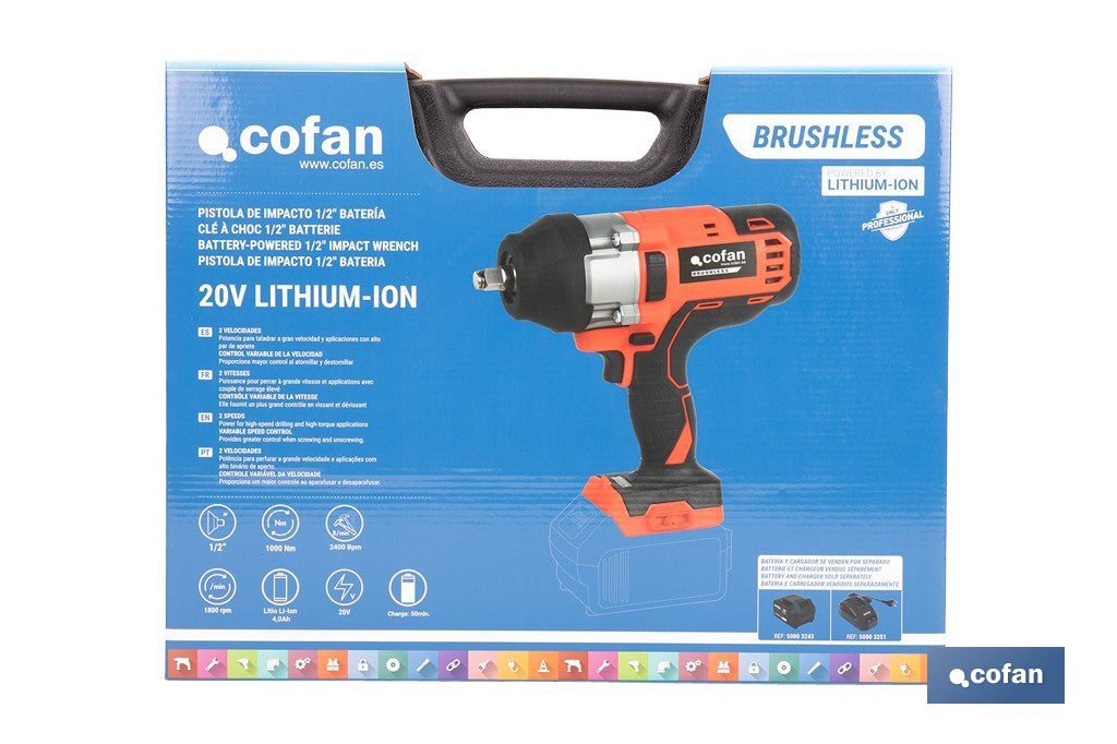 Cofan – Pistola de Impacto 1/2" a Batería 20V Brushless | 1000 Nm | 5 Niveles de Par | Con o sin Batería