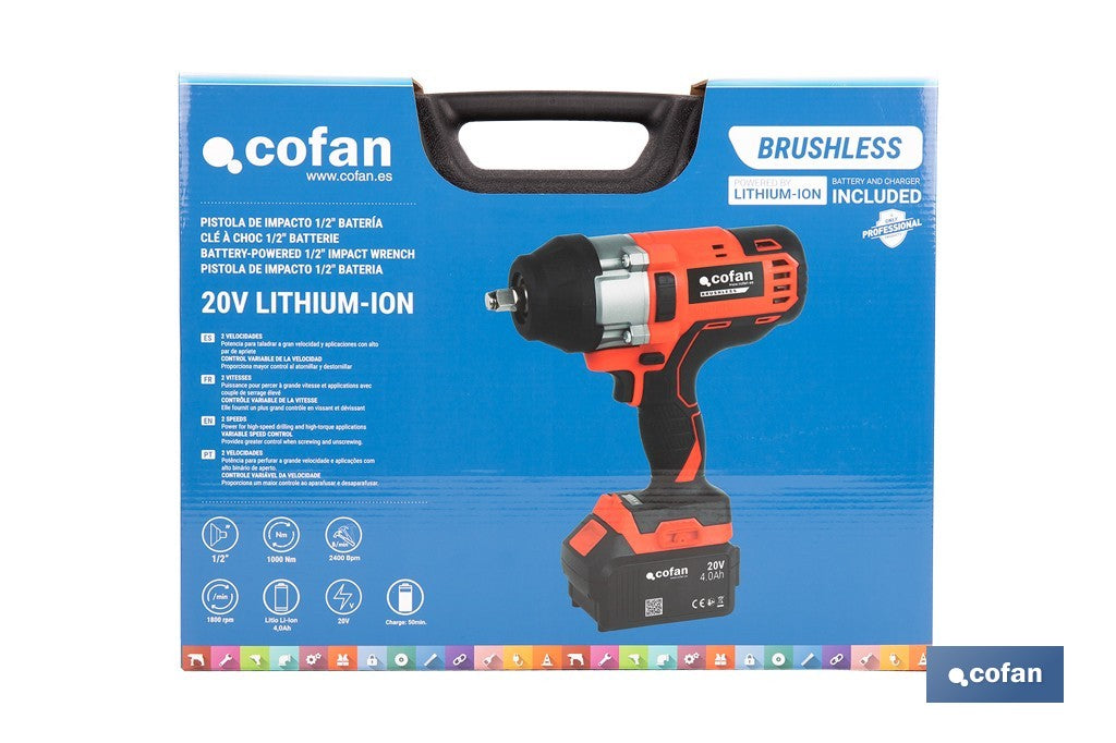 Cofan – Pistola de Impacto 1/2" a Batería 20V Brushless | 1000 Nm | 5 Niveles de Par | Con o sin Batería