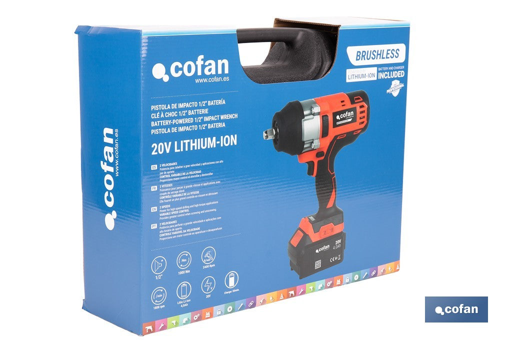 Cofan – Pistola de Impacto 1/2" a Batería 20V Brushless | 1000 Nm | 5 Niveles de Par | Con o sin Batería