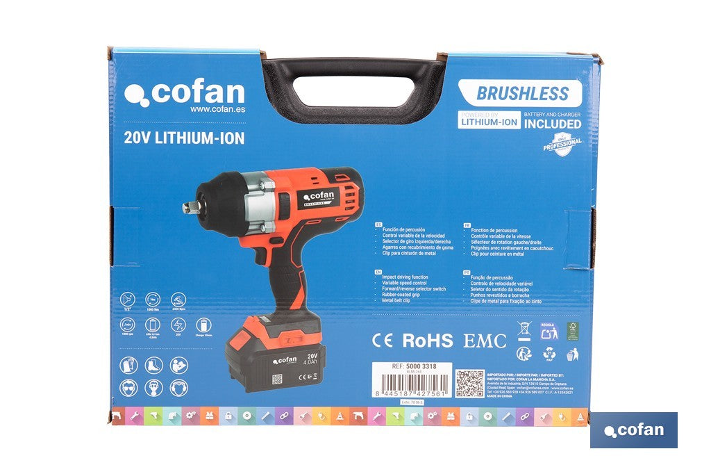 Cofan – Pistola de Impacto 1/2" a Batería 20V Brushless | 1000 Nm | 5 Niveles de Par | Con o sin Batería