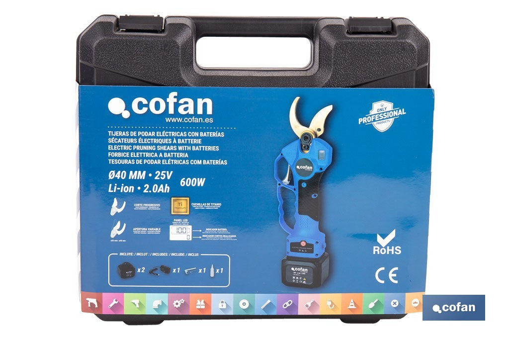 Cofan – Set de Tijeras de Podar Eléctricas 25 V con Pértiga Extensible 1,40–2,07 m | 2 Baterías + Maletín