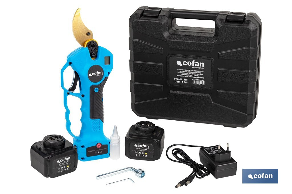 Cofan – Set de Tijeras de Podar Eléctricas 25 V con Pértiga Extensible 1,40–2,07 m | 2 Baterías + Maletín