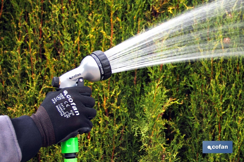 Cofan – Pistola de Riego Metálica con 7 Posiciones | Ergonómica y Resistente | Para Césped, Jardín y Limpieza